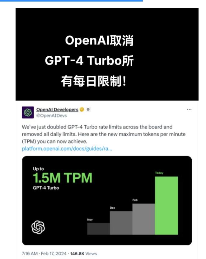 OpenAI服务升级：GPT-4 Turbo限制全面解除